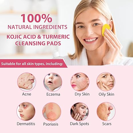 Turmeric Cleansing Pads,Kojic Acid Cleansing Pads for Acne Scars Face and Firming Skin,Remove Excess Keratin Deep Clean Pores