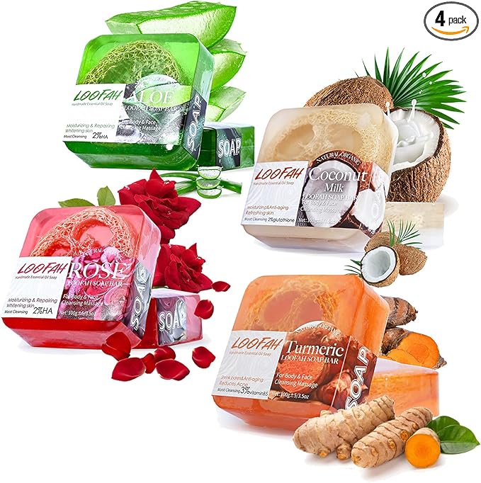 Handmade Kojic Acid Soap with Loofah  Lemon Lavender Rose Turmeric Essential Oil Bath Bar New Design Exfoliating Cleansing